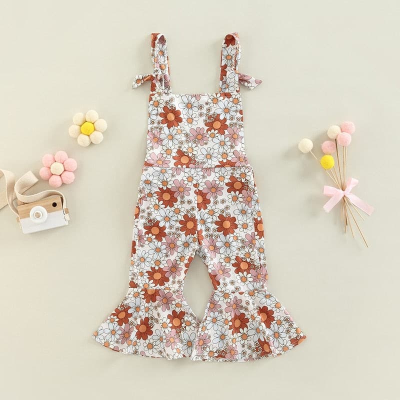 Flower Power - Baby Girl Jumpsuits Flare Bell Bottoms , Nude Multi