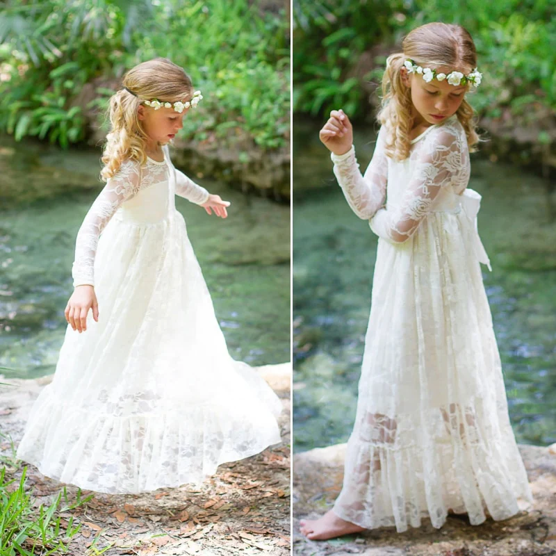 Jasmine - Christening Dresses Long Sleeve Baby Girl White Flower Girl Dresses