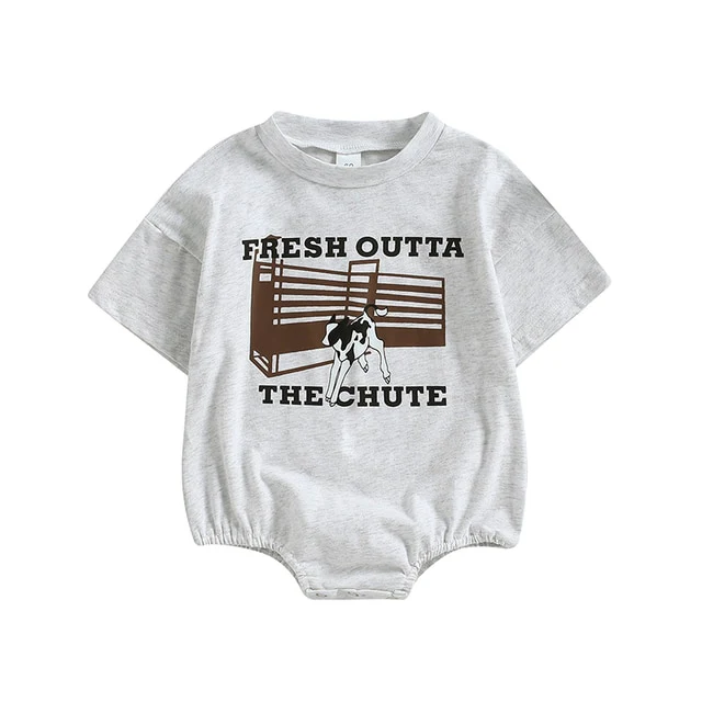 Fresh Of The Chute - Trendy Oversize Cowboy Tee Romper Suit - Grey