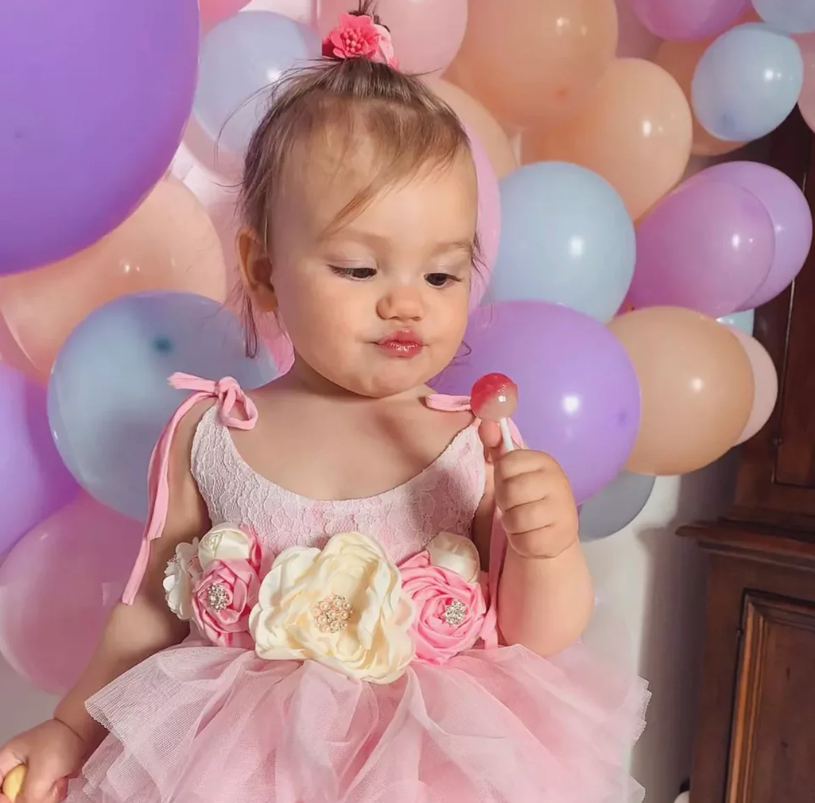 Delilah - Princess Lace & Tulle Dress with Floral Sash + Headband  - Pink & Ivory