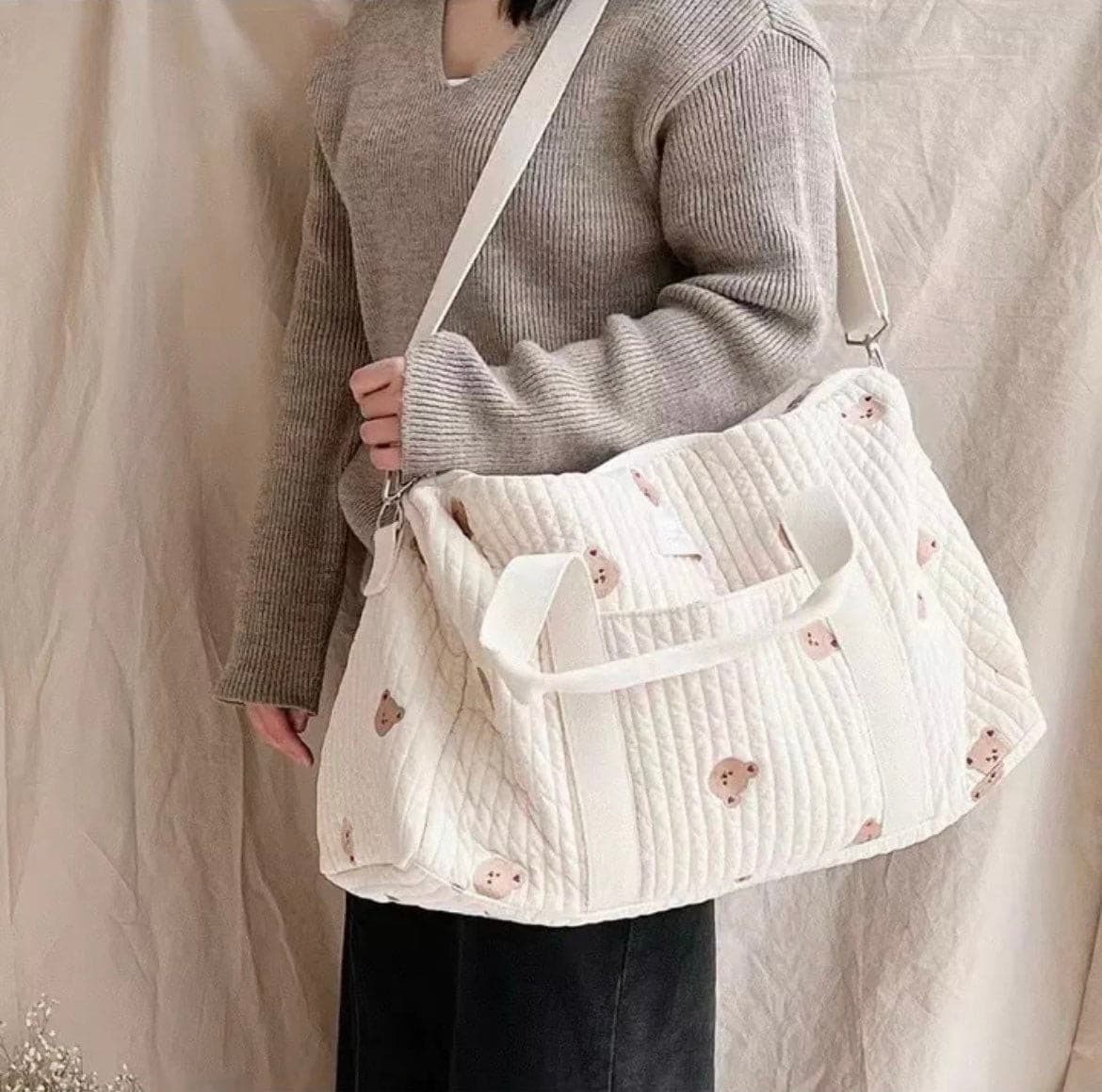 Large Nappy Bag , Embroidered and Quilted Diaper Bag