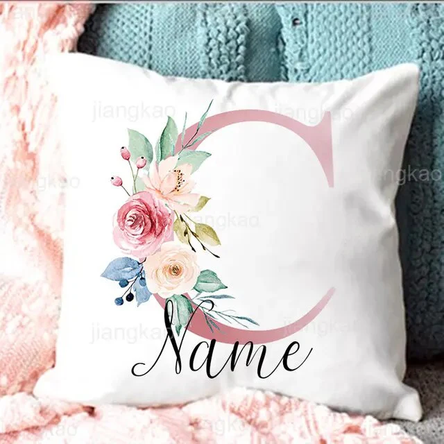 Personalised Pillow Cases Custom Initial Flower with Name Cushion Cover