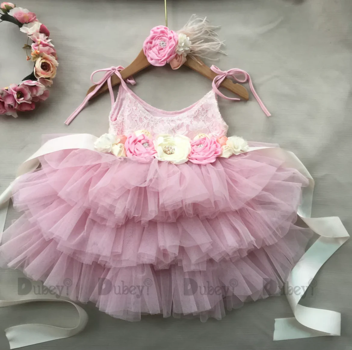 Delilah - Princess Lace & Tulle Dress with Floral Sash + Headband  - Pink & Ivory