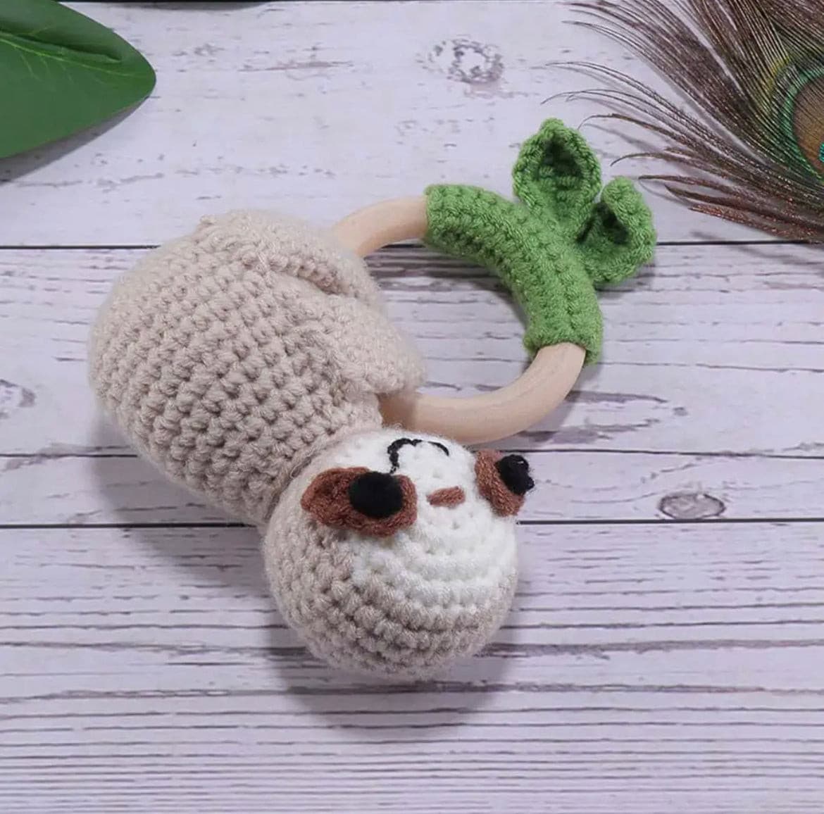 Crochet Baby Rattle Toy, Smooth Beech Wood Teething, Crochet Ring Soother