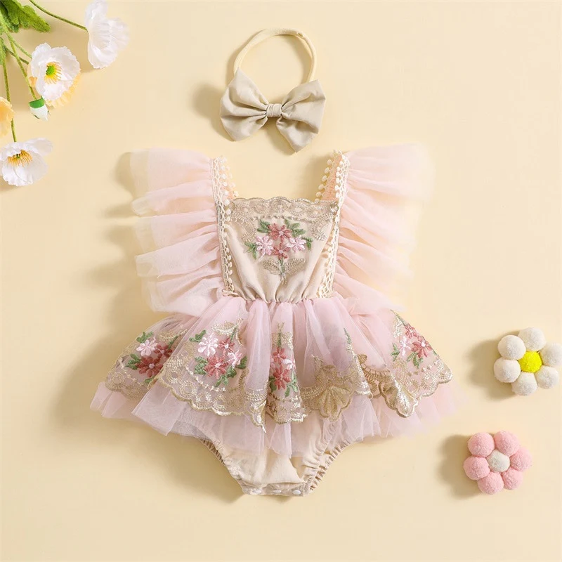 Elyssa - Baby Girl Princess Romper with Embroidery Flowers