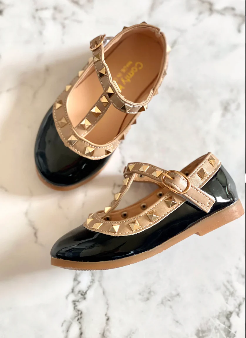 Valerie -Rockstar Stud Black Patent Leather Girl Shoes - Black