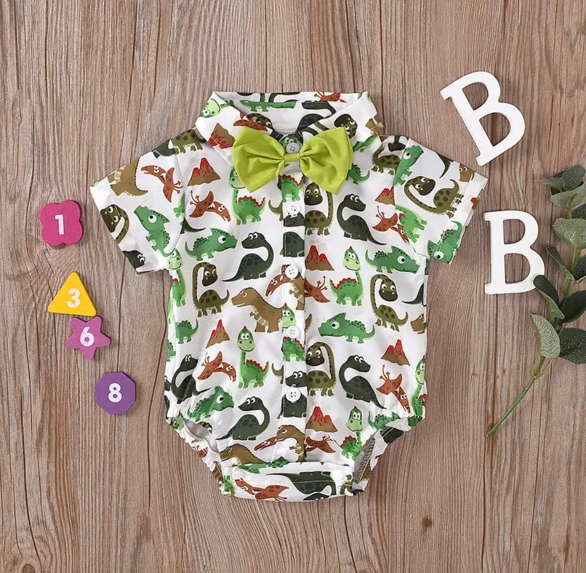 Baby Boy Dinosaur Romper + Bow tie - Green