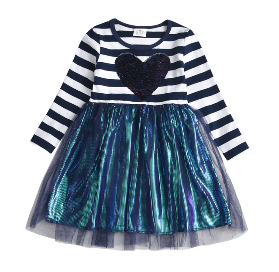 Heart & Stripes - Girls Long Sleeve Tulle Skirt Dress