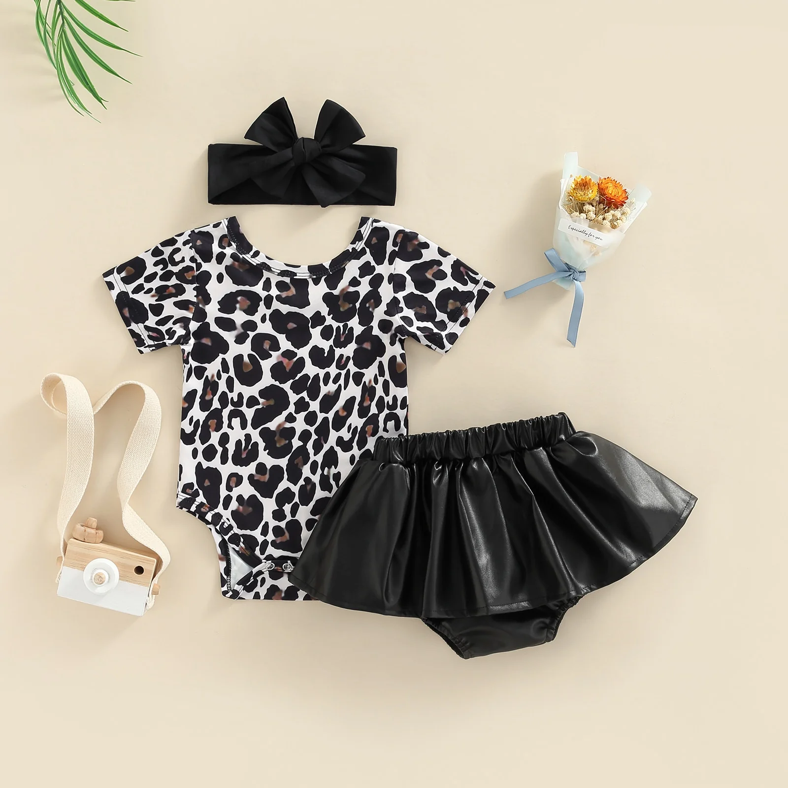Minx - Leopard Printed Romper & Leather Skirt - Girls Clothing Set