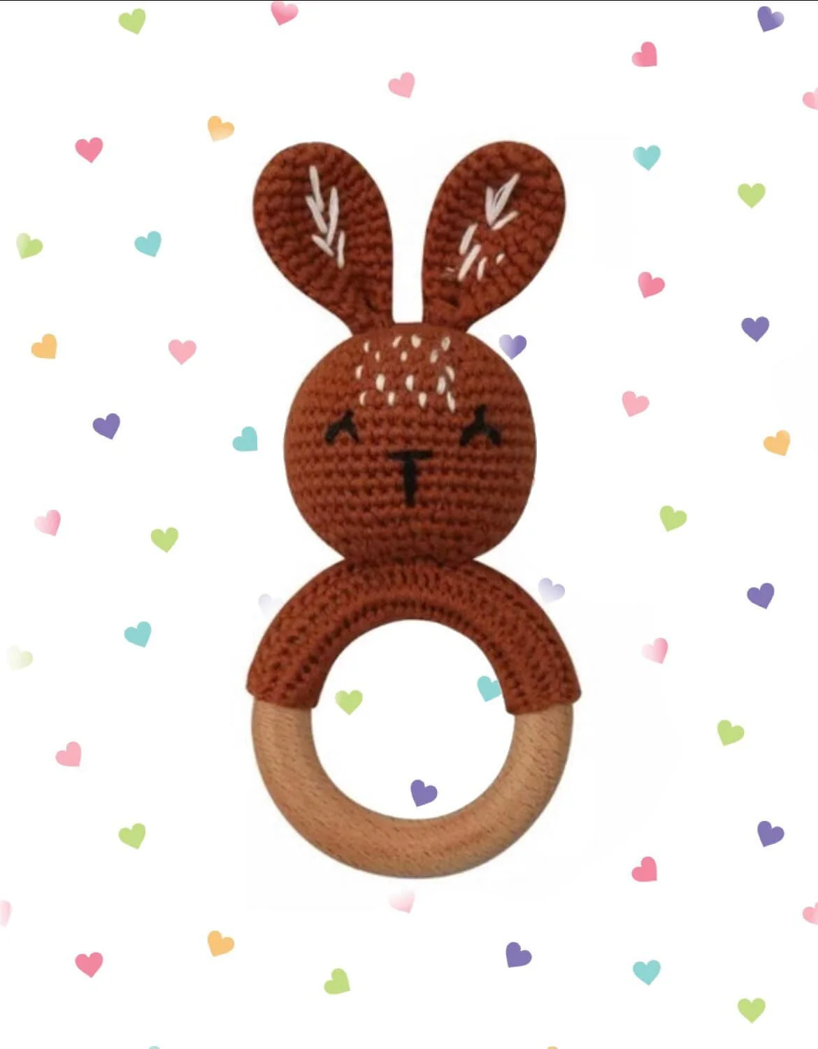 Crochet Baby Rattle Toy, Smooth Beech Wood Teething, Crochet Ring Soother