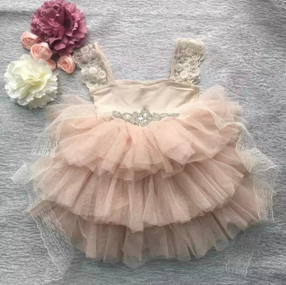 Davina - Princess Lace & Tulle Dress with Floral Sash
