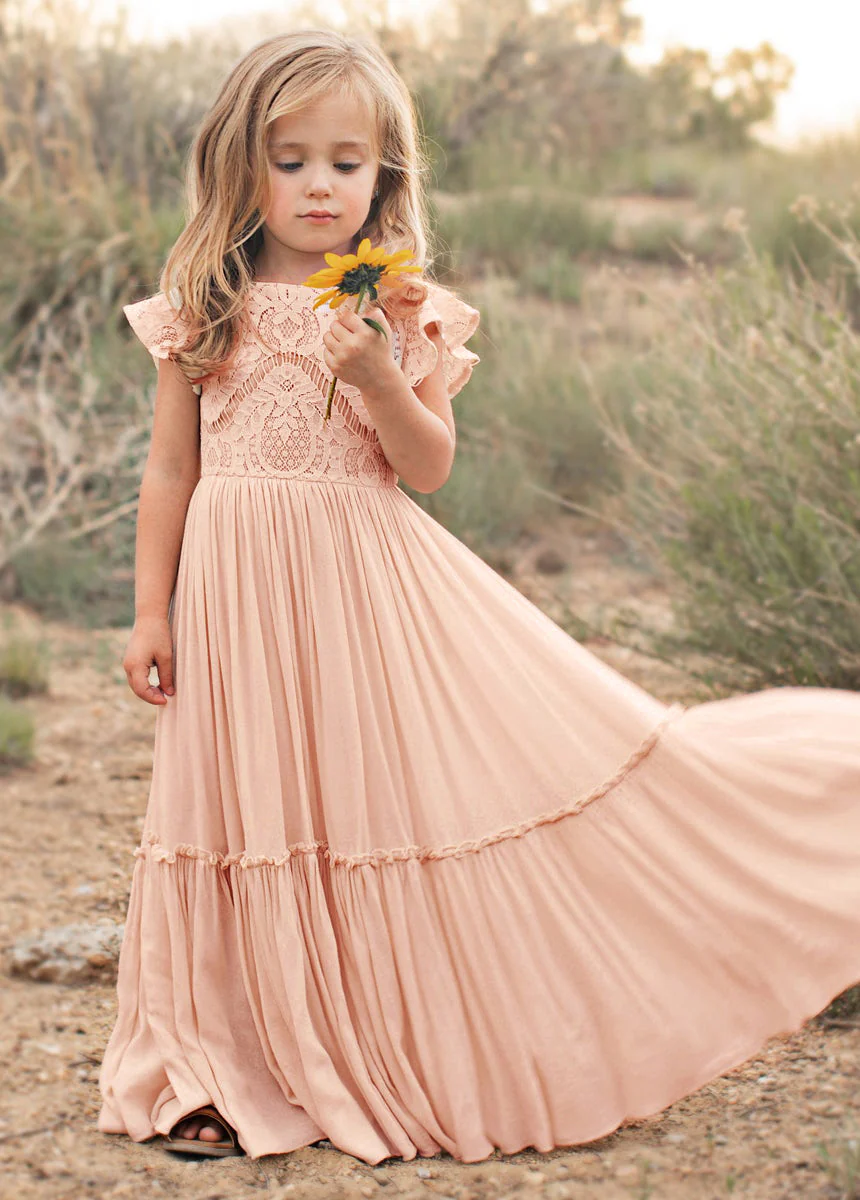 Talia - Girls Long Lace Boho Dress, Peach