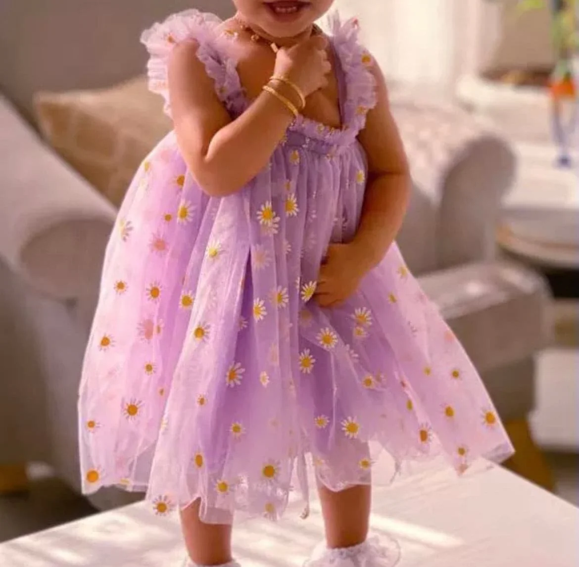 Girls Tulle Tutu Dress with Daisies - White