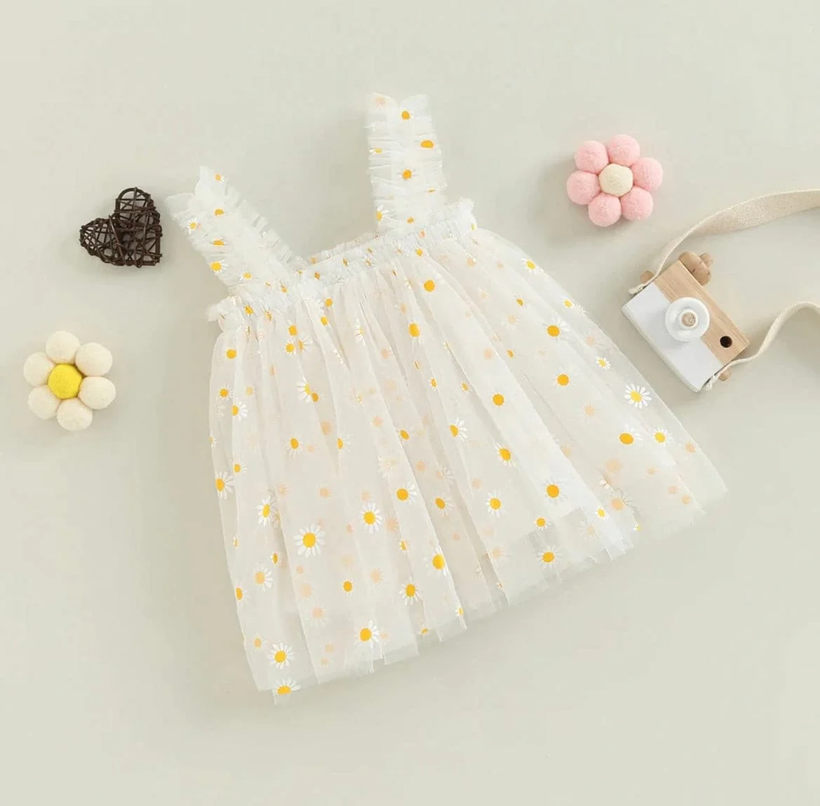 Girls Tulle Tutu Dress with Daisies - White