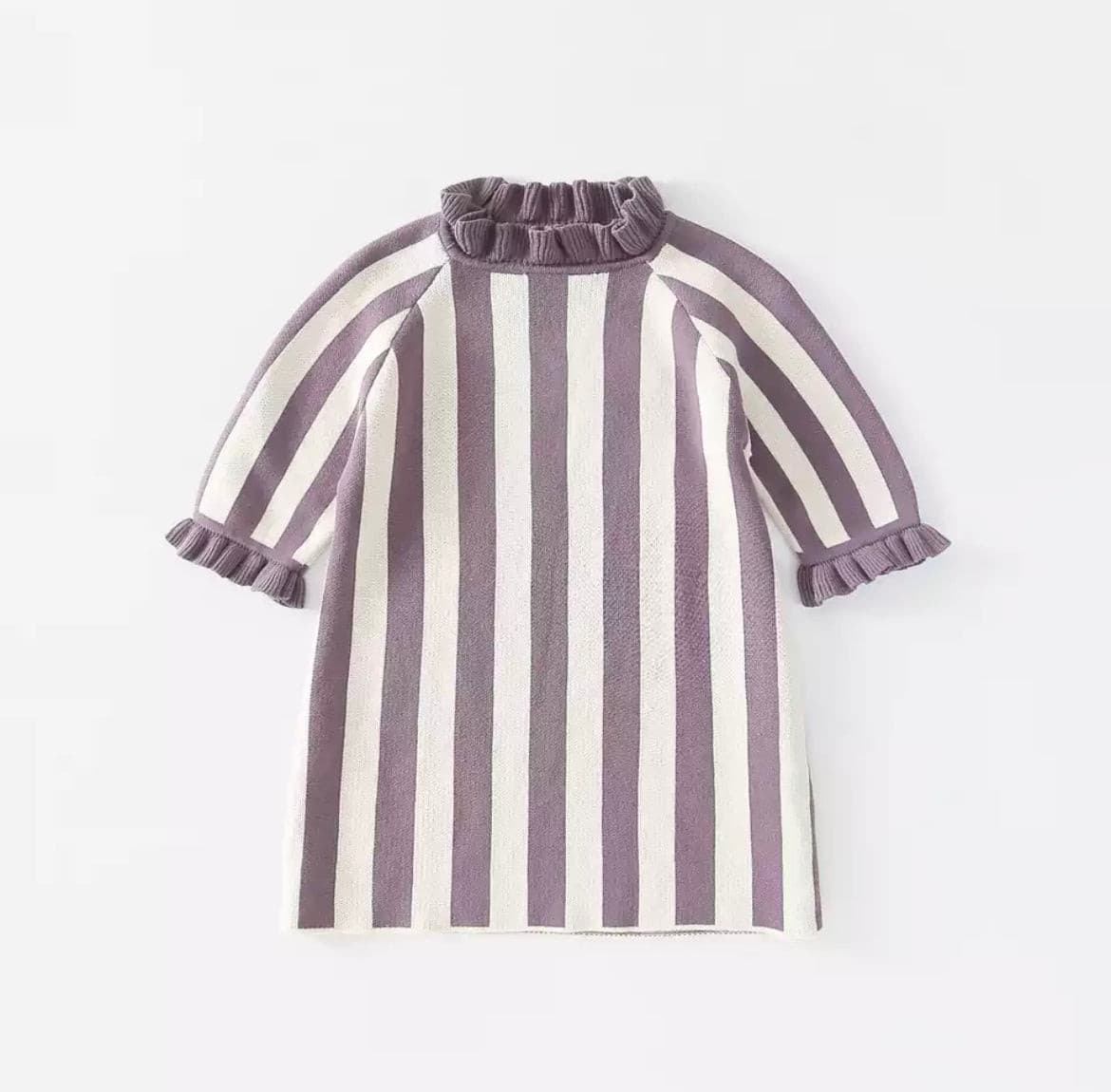 Girls 100% Cotton Knitted Stripe Dress - Lilac