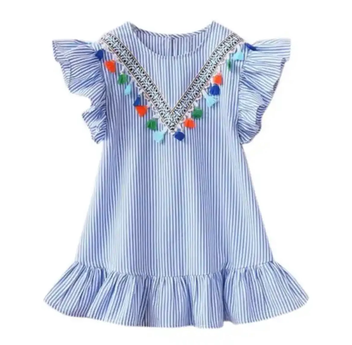 Girls Boho Tassel Stripe Summer Dress - Blue