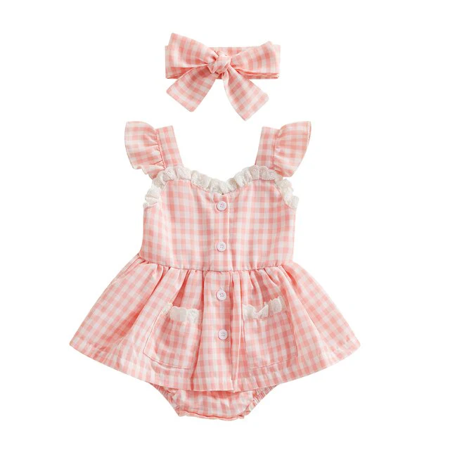 Plaid Lace Ruffle Playsuit + Bow Headband Baby Girl Summer Romper Outfit