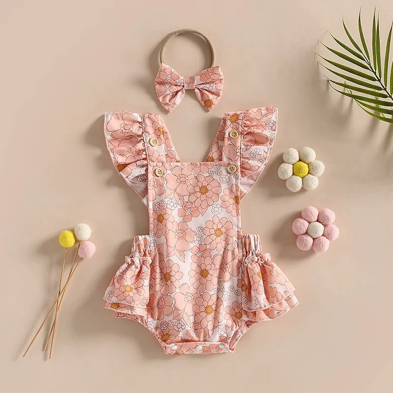 Nora - Baby Girls Flower Print Romper with Headband Sets