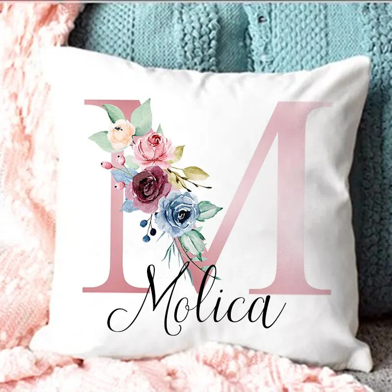 Personalised Pillow Cases Custom Initial Flower with Name Cushion Cover