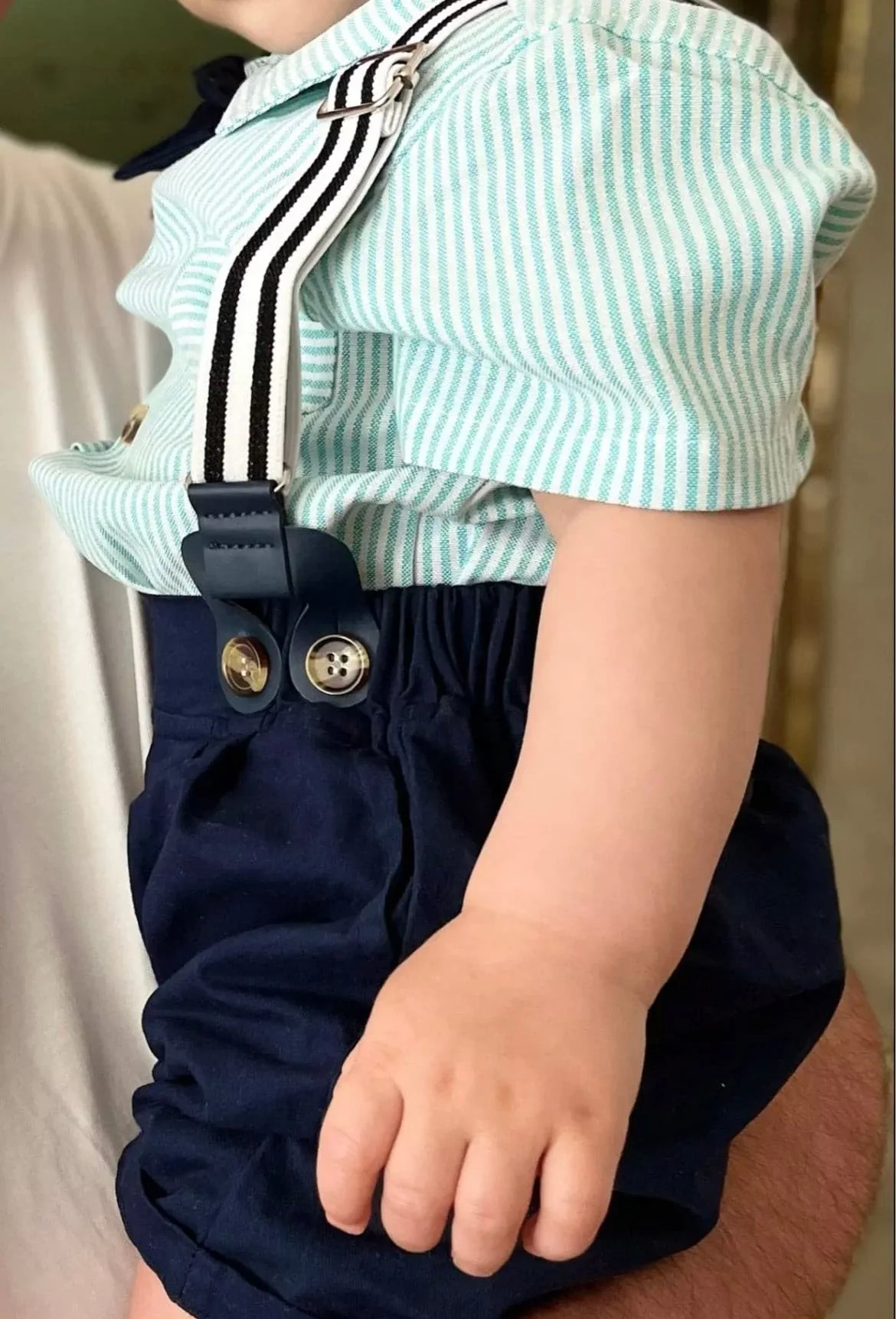 Baby Boy Shirt Romper + Bow tie - Mint Pinstripe