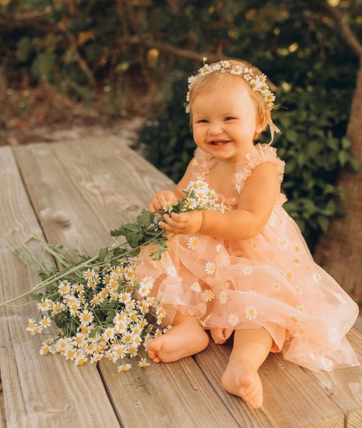 Girls Tulle Tutu Dress with Daisies - Pink