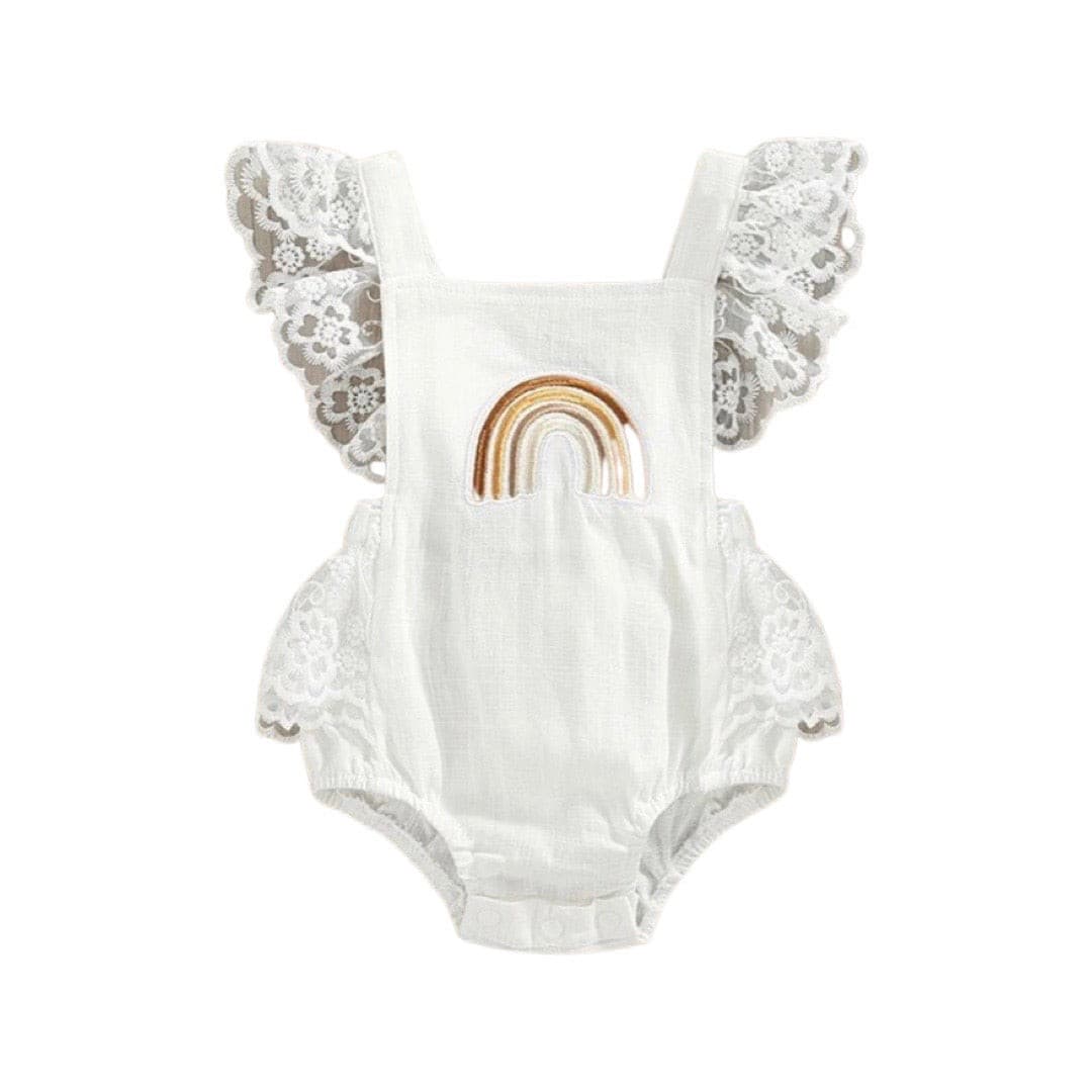 Summer Baby Girls Romper Lace Fly Sleeve Rainbow Romper - Ivory