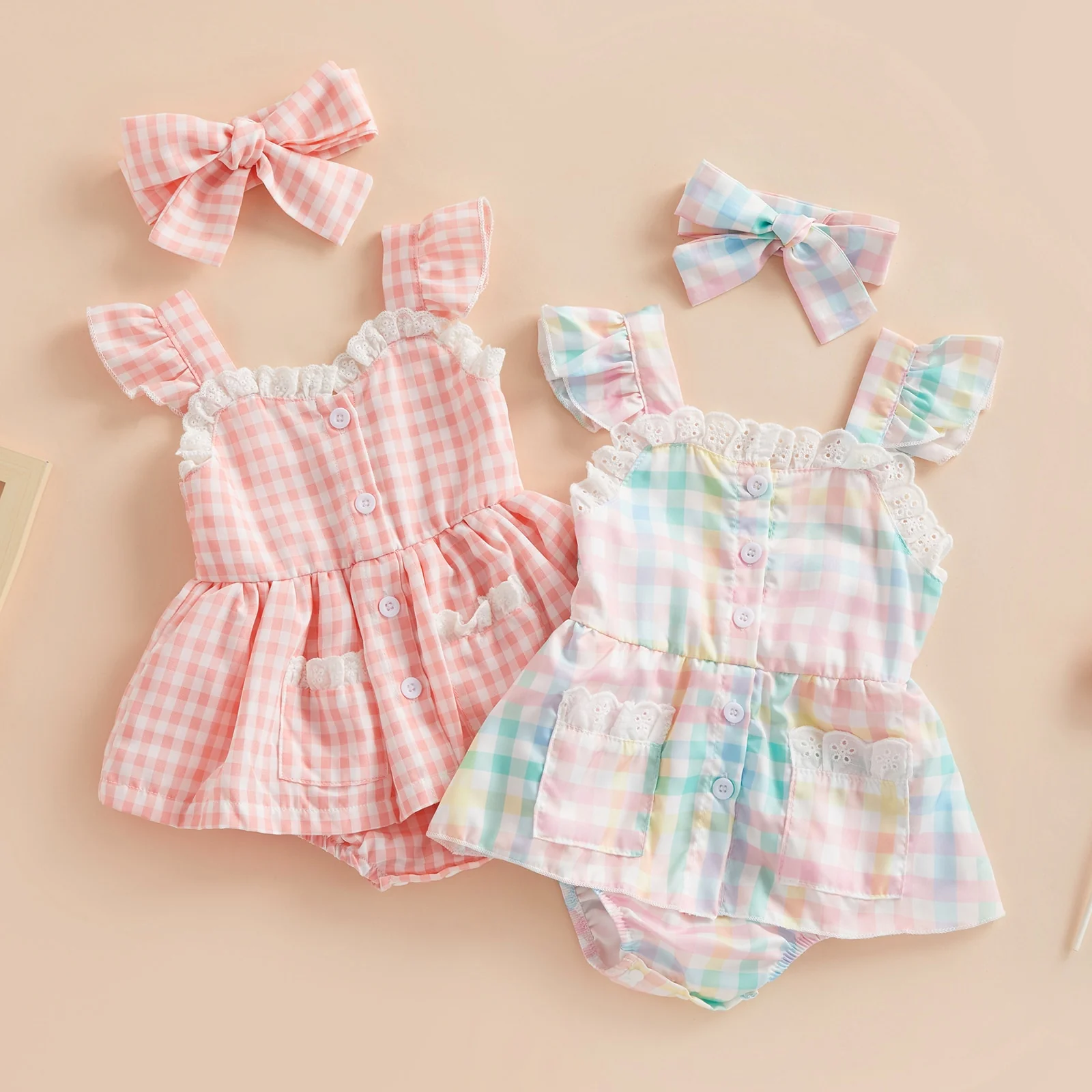 Plaid Lace Ruffle Playsuit + Bow Headband Baby Girl Summer Romper Outfit