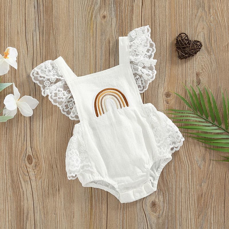 Summer Baby Girls Romper Lace Fly Sleeve Rainbow Romper - Ivory