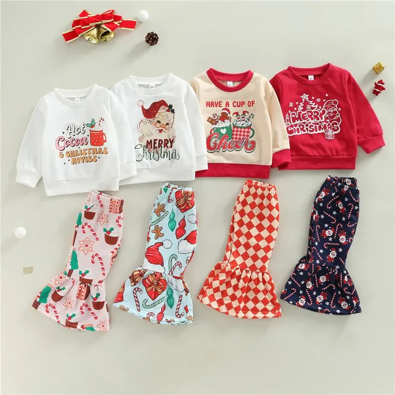 Girls Christmas Clothing Set - Long Sleeve Letter Print Sweatshirt + Flare Pants