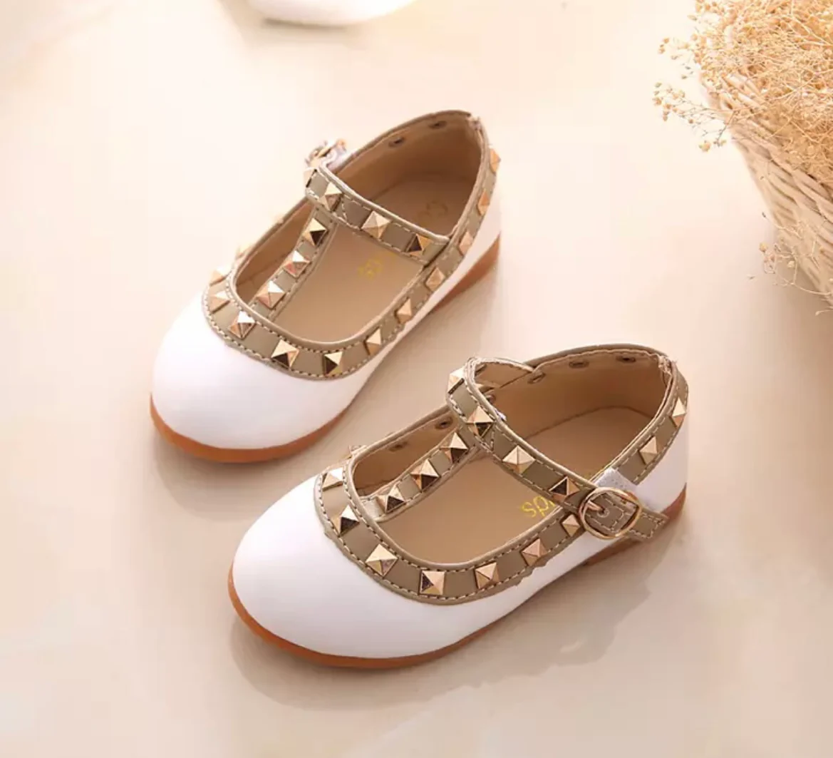 Valerie -Rockstar Stud White Patent Leather Girl Shoes -White