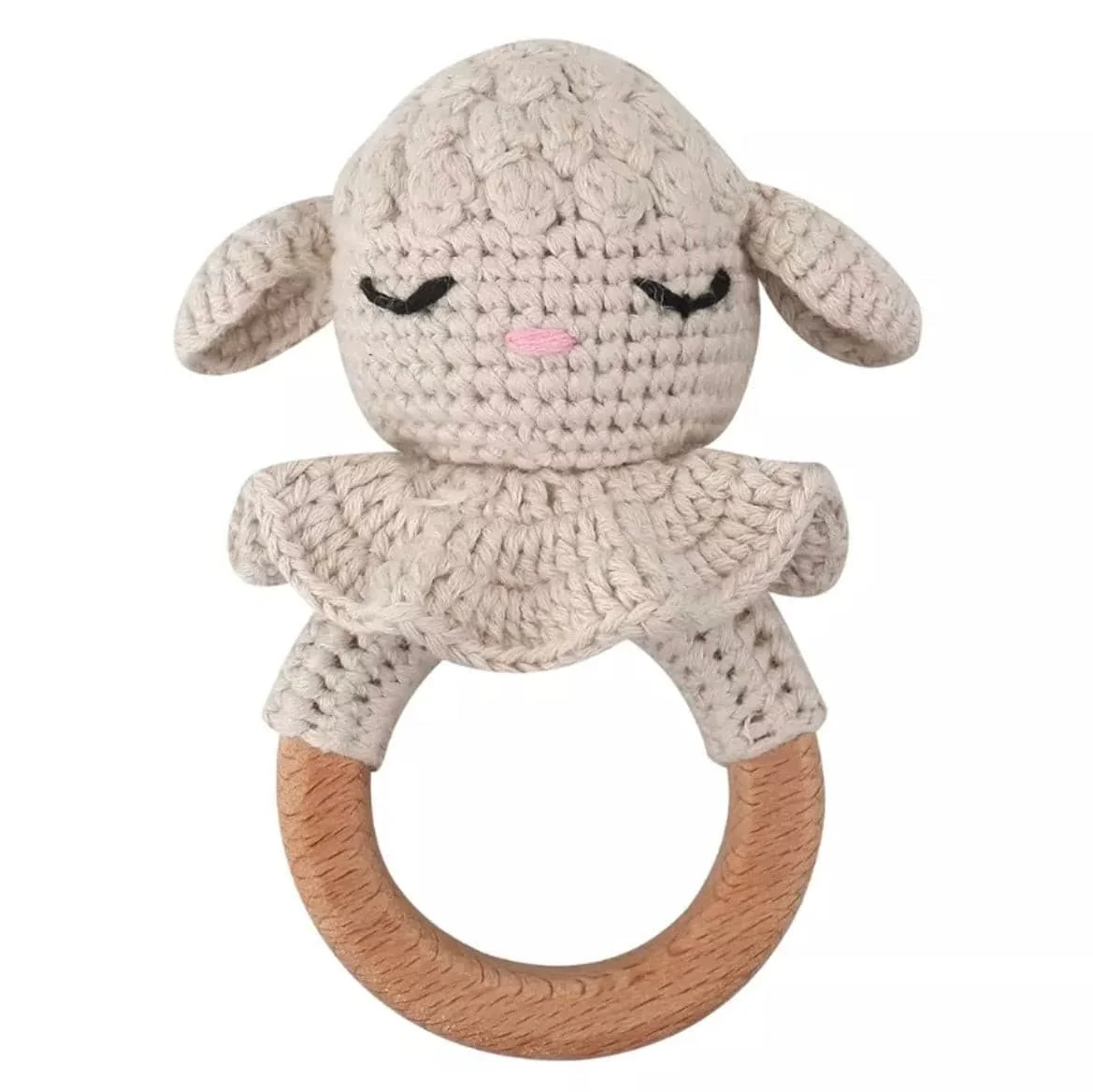 Crochet Baby Rattle Toy, Smooth Beech Wood Teething, Crochet Ring Soother