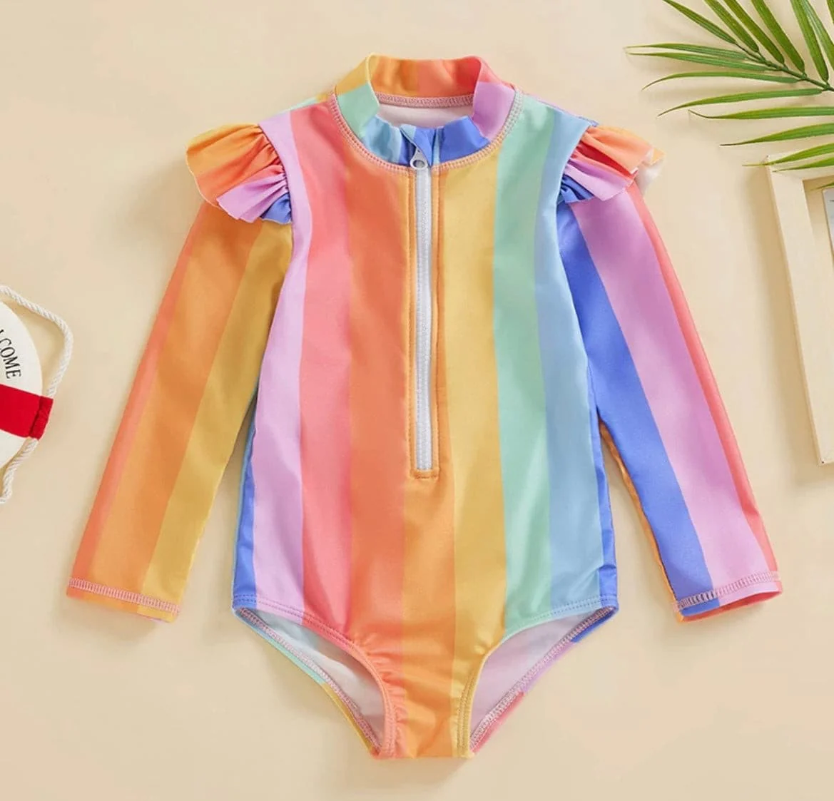 Girls Rainbow Long Sleeve Frill UV suit - Rainbow Multi