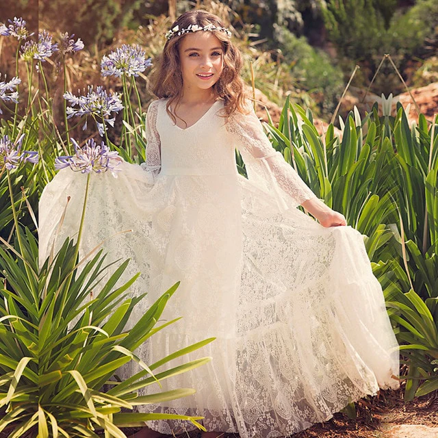 Jasmine - Christening Dresses Long Sleeve Baby Girl White Flower Girl Dresses