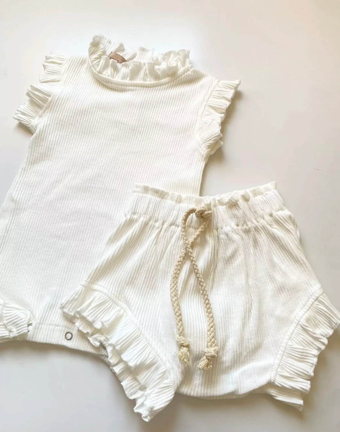 Baby Girls Short Sleeve Romper 2 piece Set, Soft Waffle Cotton