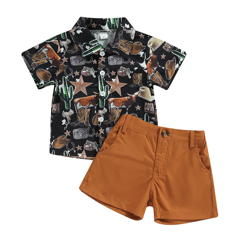 Cactus Set - Boys Gentleman Clothes Sets Cartoon Cactus Print Shirt & Shorts Set