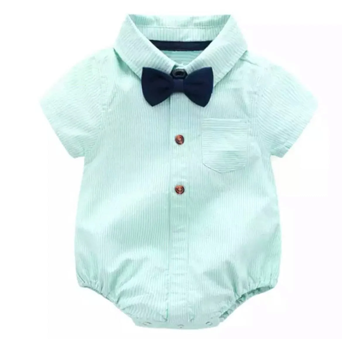 Baby Boy Shirt Romper + Bow tie - Mint Pinstripe