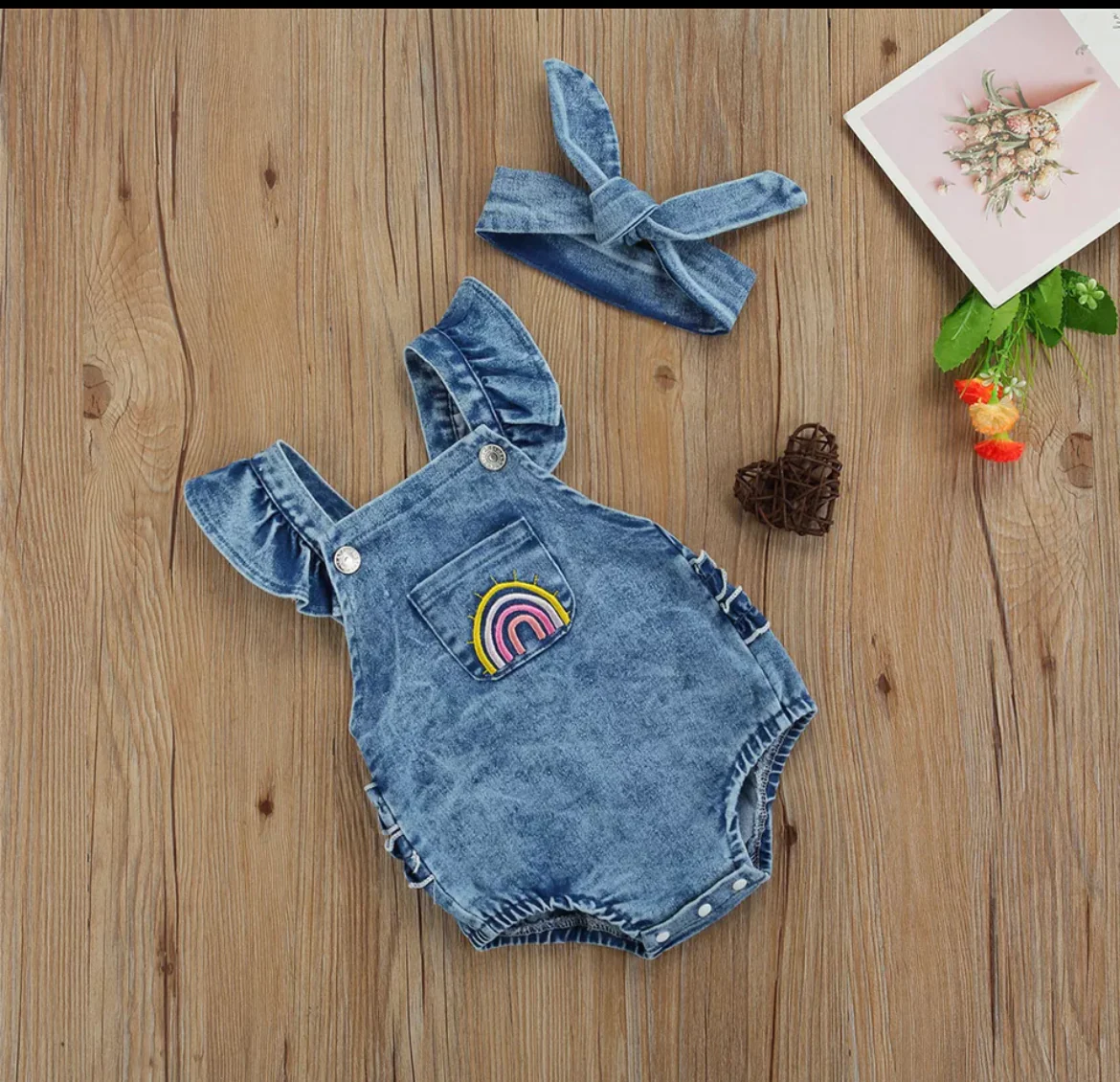 Denim Rainbow Ruffles Romper with Headband