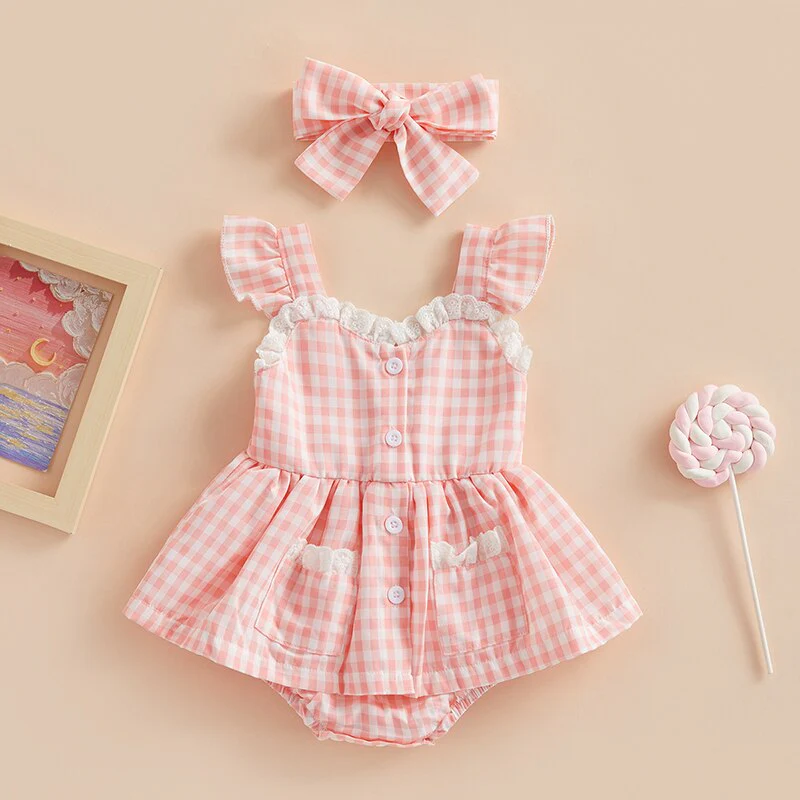 Plaid Lace Ruffle Playsuit + Bow Headband Baby Girl Summer Romper Outfit