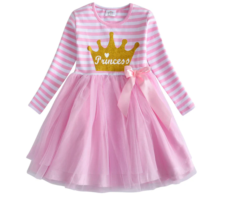 Princess - Girls Long Sleeve Striped Pink and White Tulle Tutu Skirt Dress