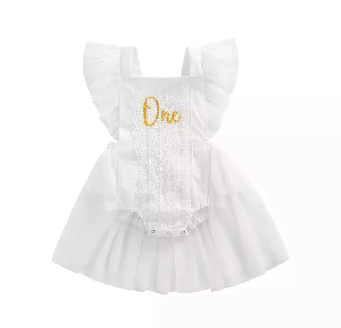 Girls First Birthday Lace ��One�� Romper - White
