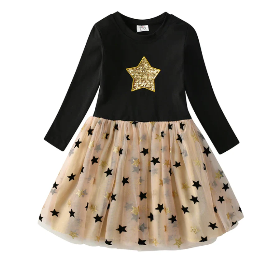 Star - Girls Long Sleeve Sequin Star Tulle Skirt Dress