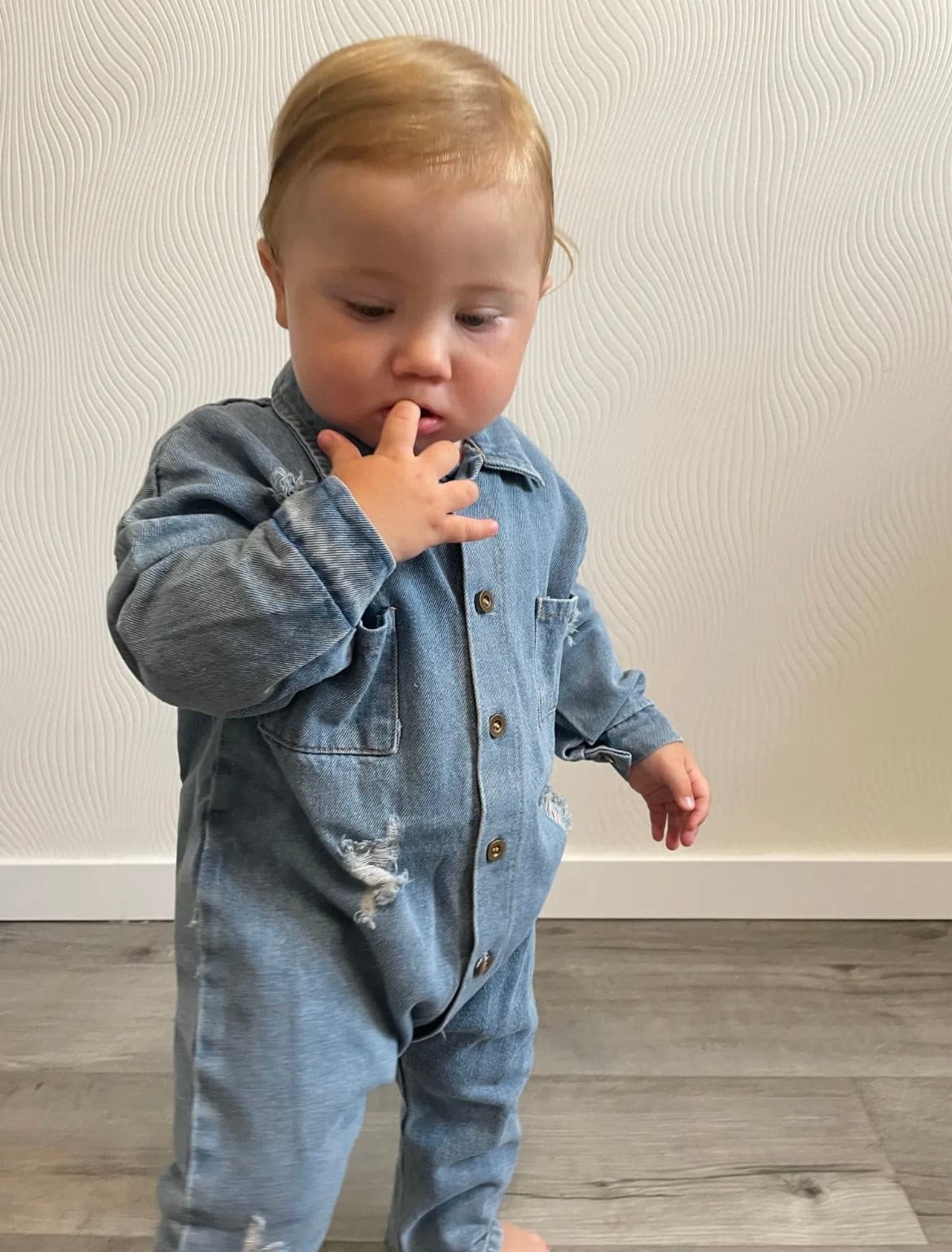 Distressed Denim Long Sleeve Romper