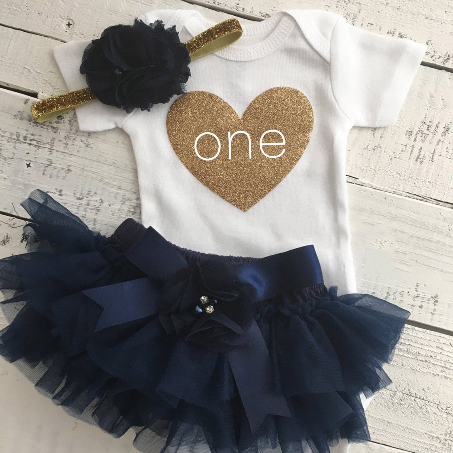 Baby Girls First 1st Birthday Party Outfit - Dark Blue Black