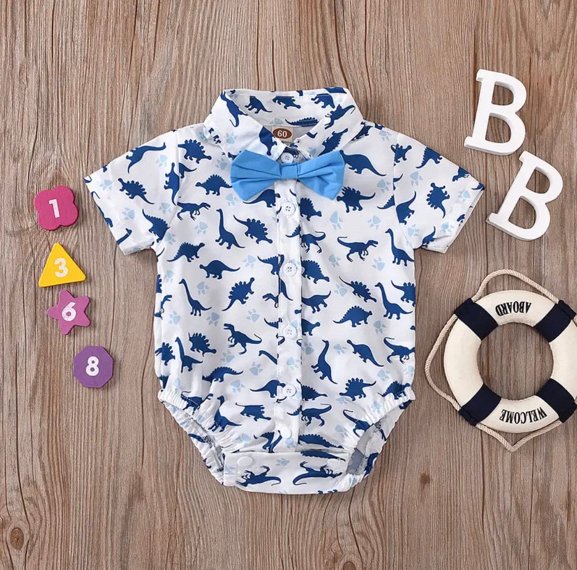 Baby Boy Dinosaur Romper + Bow tie - Blue