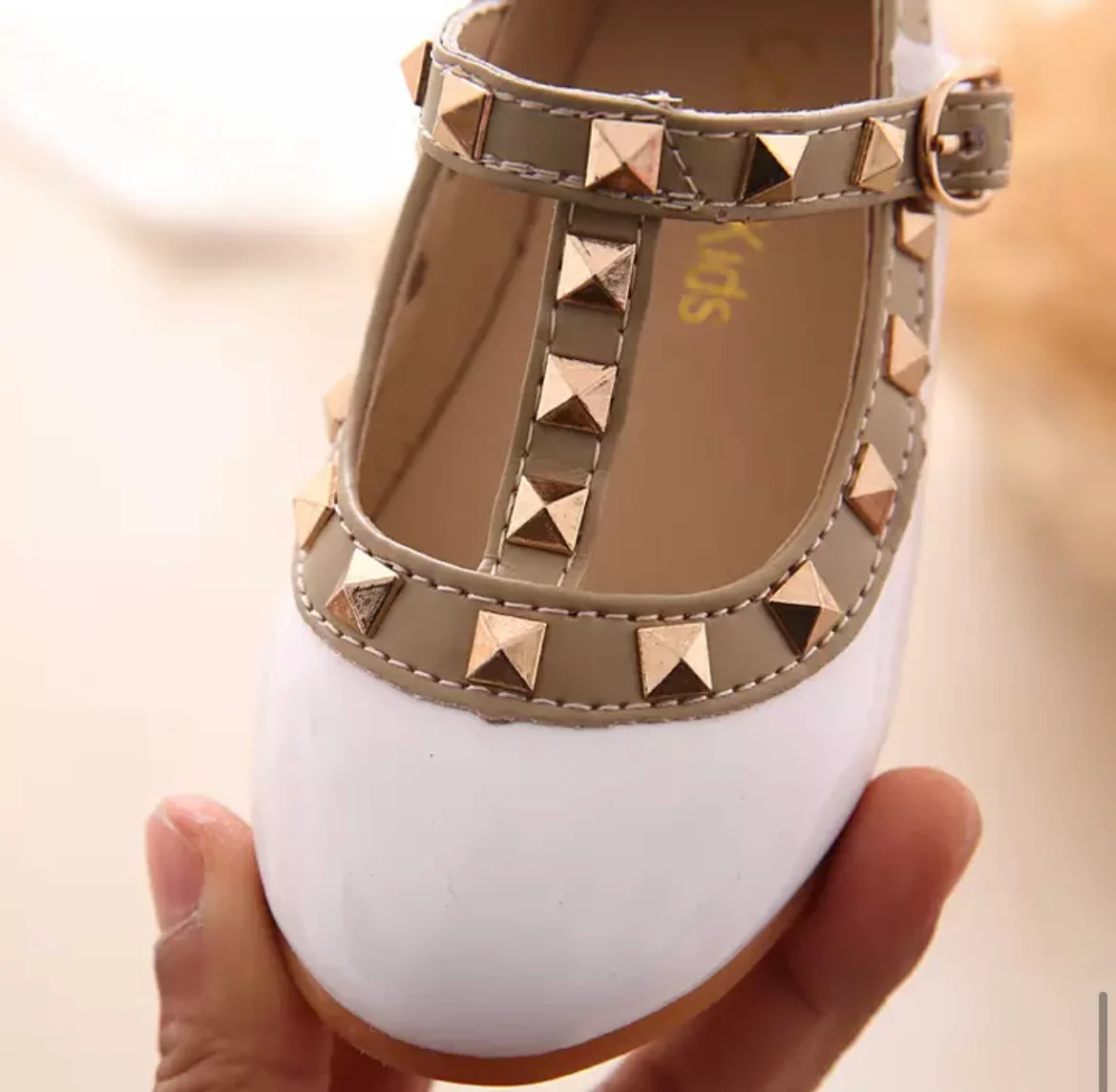 Valerie -Rockstar Stud White Patent Leather Girl Shoes -White