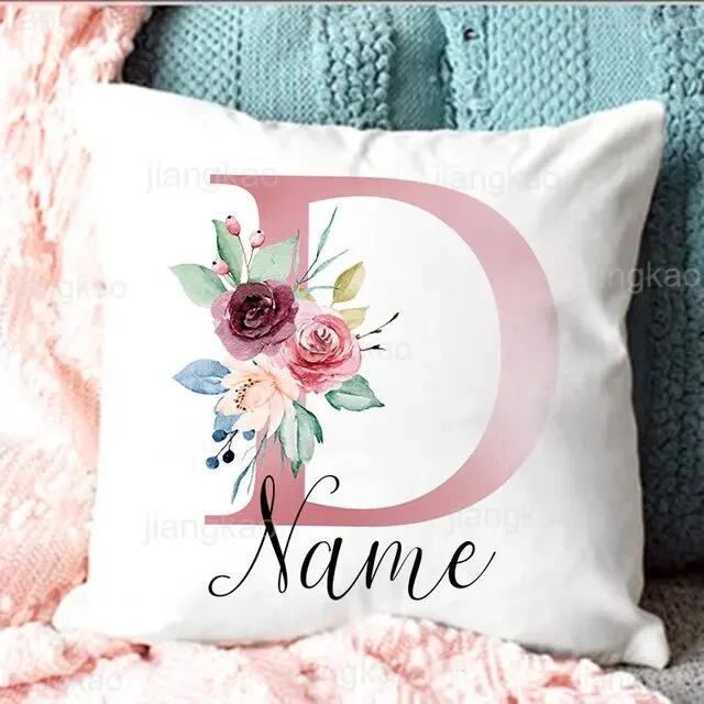 Personalised Pillow Cases Custom Initial Flower with Name Cushion Cover