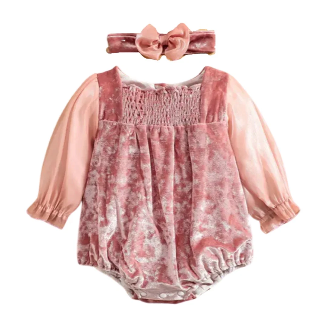Dusty Pink Velvet Bodysuit Romper for Baby Girls , Color - Pink