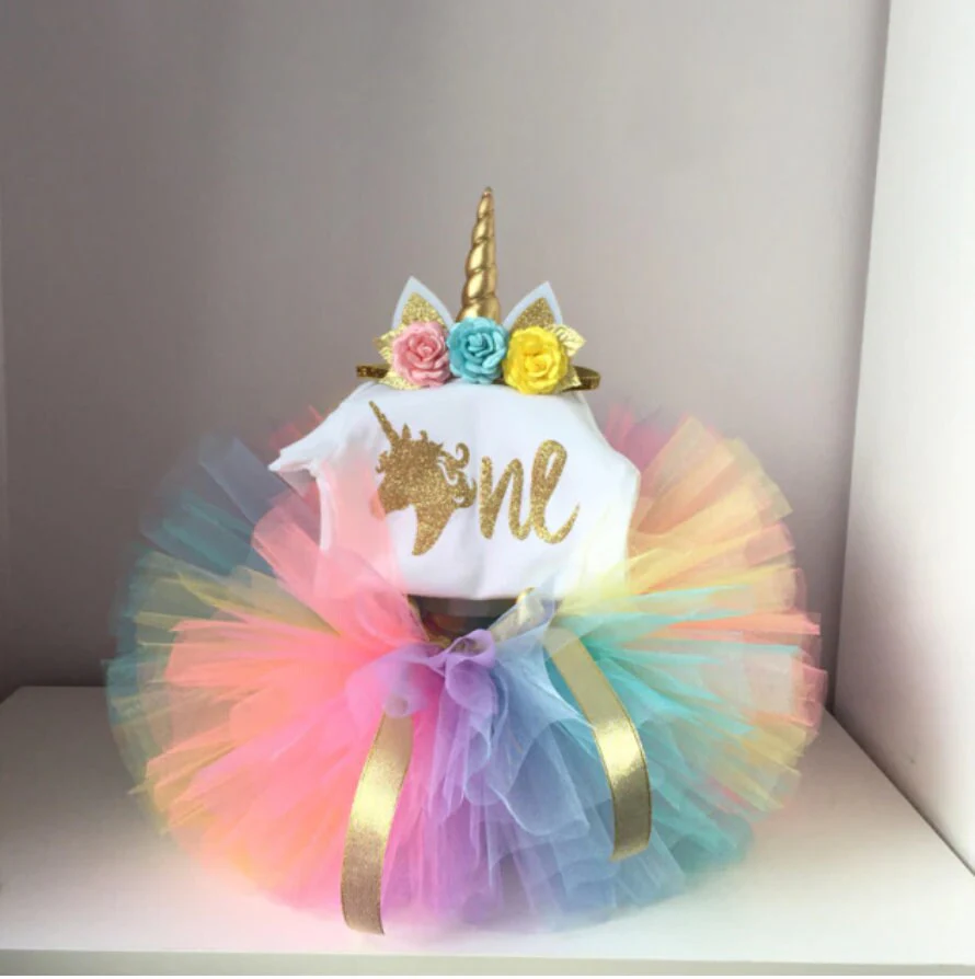 Rainbow Princess Unicorn Dress First Birthday Tutu Dress with Unicorn Crown