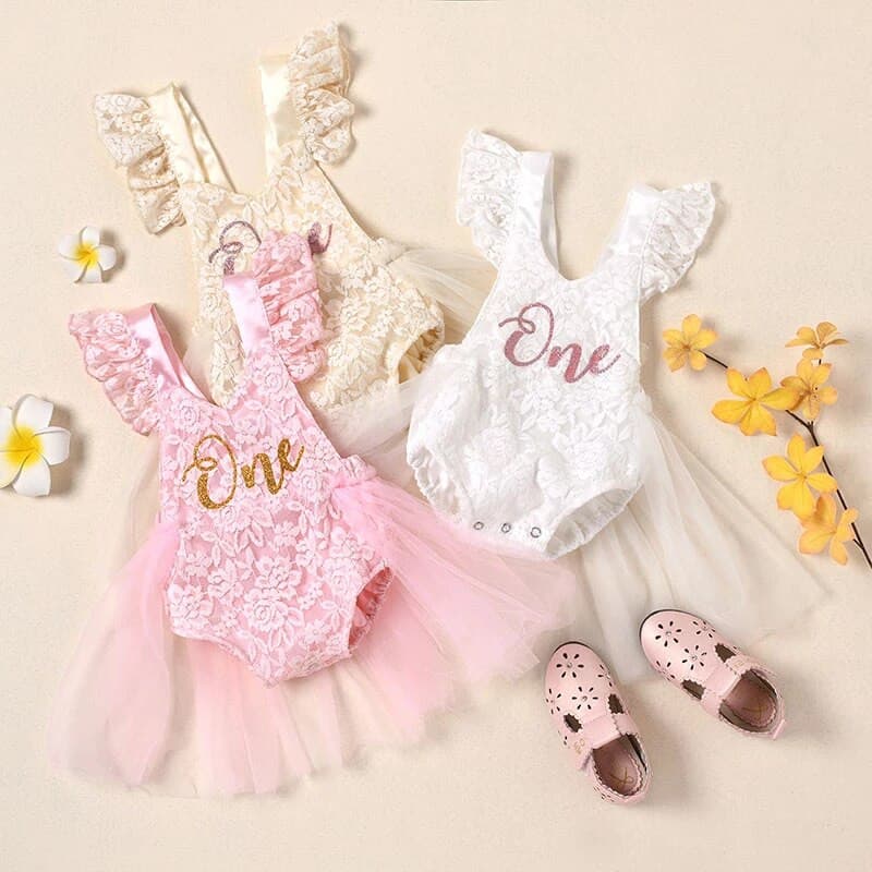 Lacey - Baby Girls First Birthday Lace Romper + Glitter One
