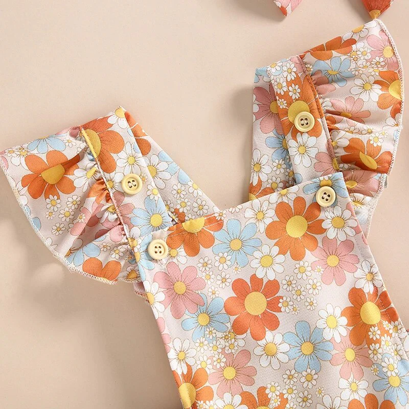 Nora - Baby Girls Flower Print Romper with Headband Sets